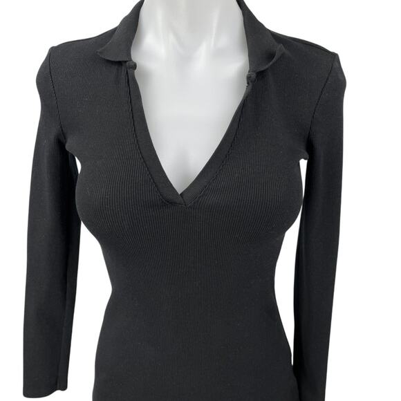 Zara Black Rib Knit Long Sleeve Collar V-Neck Mini Bodycon Polo Sweater Dress S - Picture 3 of 5